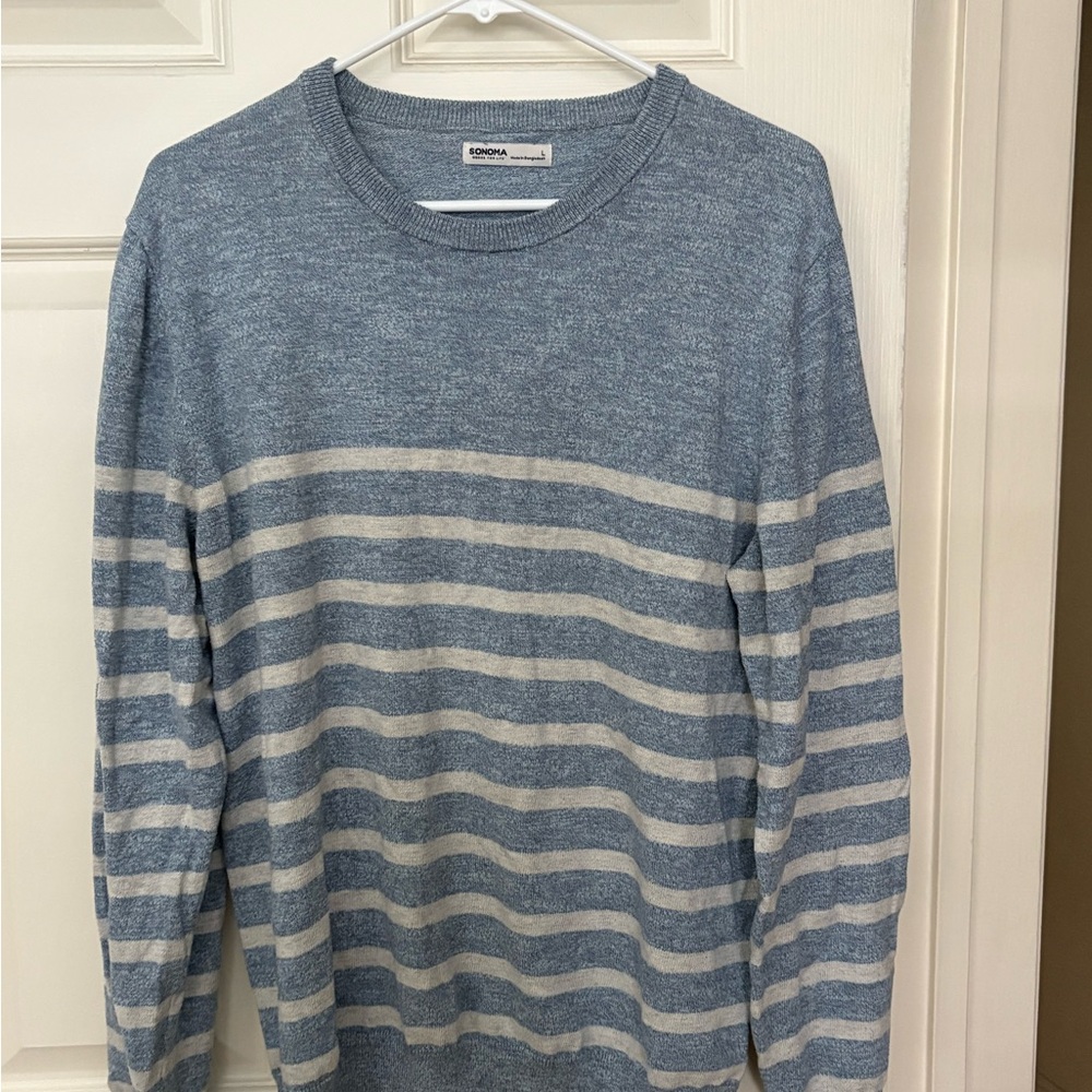 Sonoma Blue and Gray Striped Men's Crewneck Sweater